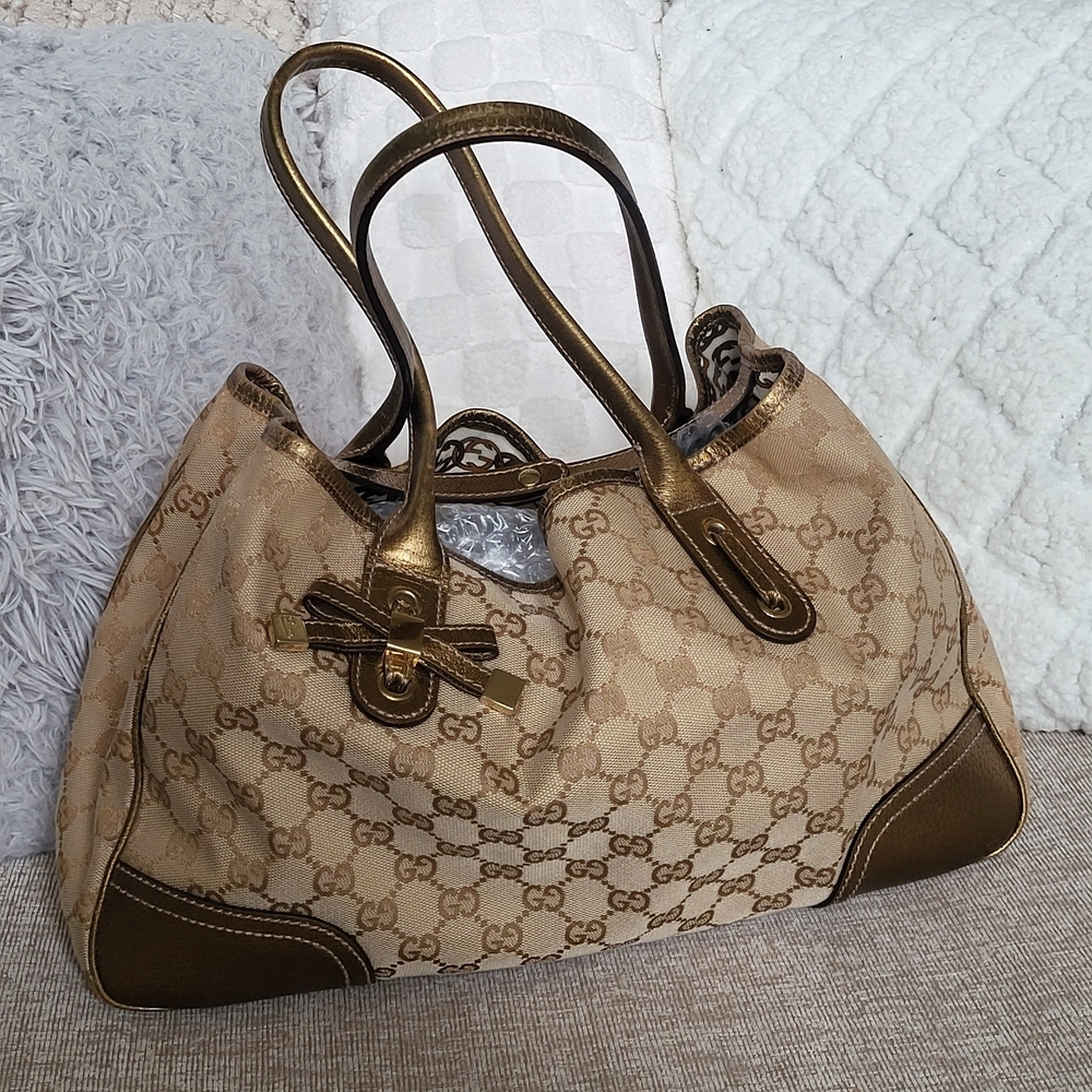 Gucci Beige Monogram Canvas Tote with Gold Trim